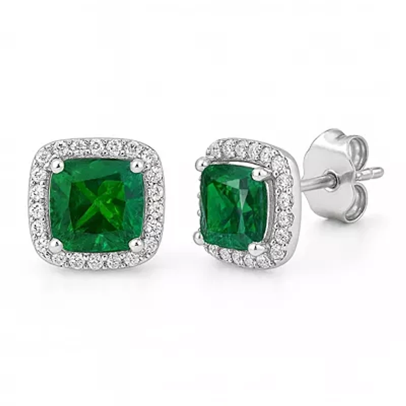 Sterling Silver Green Emerald Halo Earrings