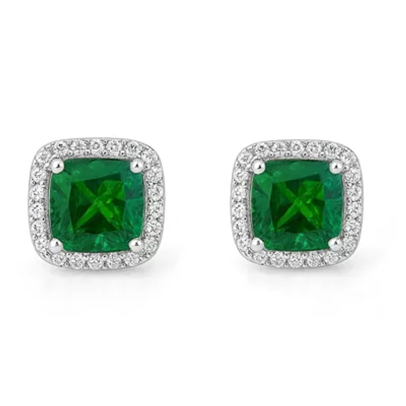 Sterling Silver Green Emerald Halo Earrings