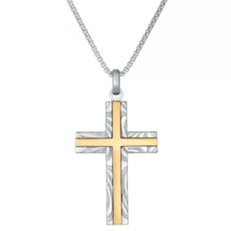 Damascus Stainless Steel Cross Pendant with Goldtone Ion Plating