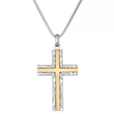 Damascus Stainless Steel Cross Pendant with Goldtone Ion Plating
