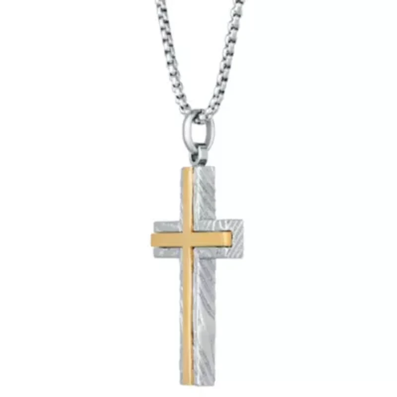 Damascus Stainless Steel Cross Pendant with Goldtone Ion Plating