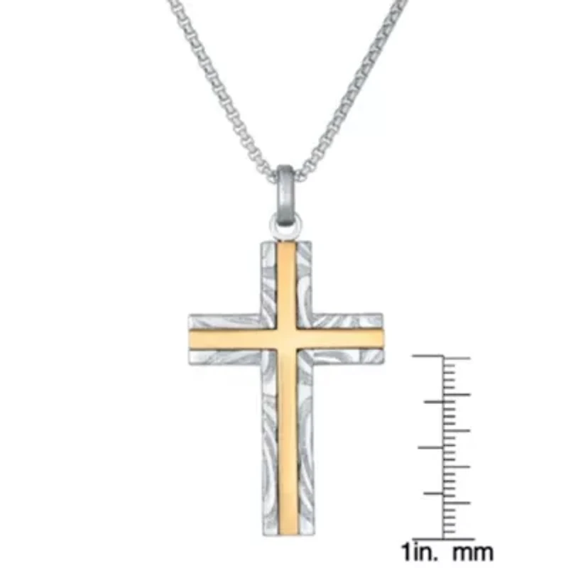 Damascus Stainless Steel Cross Pendant with Goldtone Ion Plating