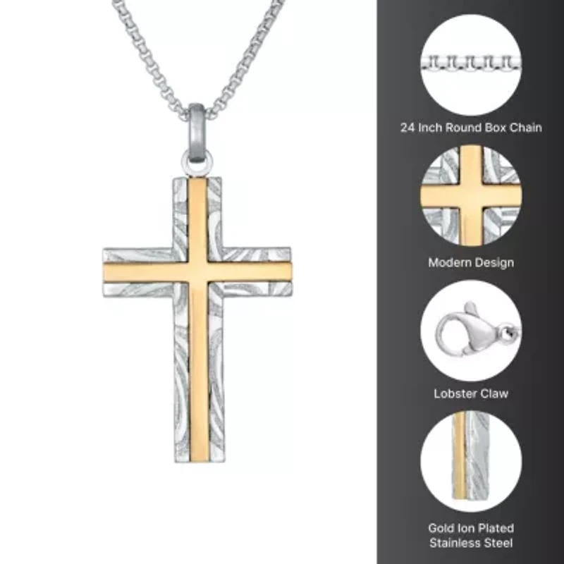 Damascus Stainless Steel Cross Pendant with Goldtone Ion Plating