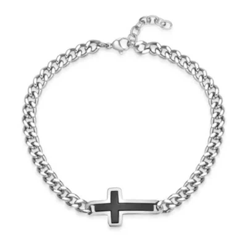 8.5" Stainless Steel Cross Bracelet with Black Ion Plating