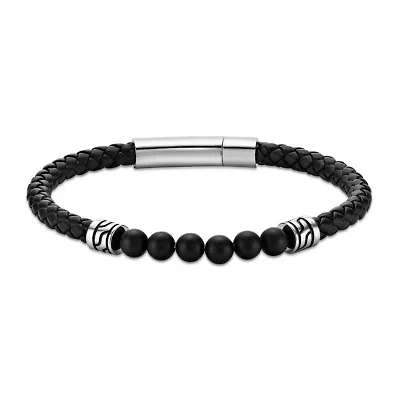 Black Agate Beaded & Black Leather Bracelet Stainless Steel 8.5"
