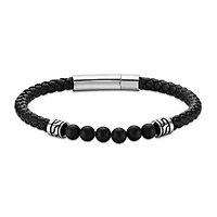 Black Agate Beaded & Black Leather Bracelet Stainless Steel 8.5"