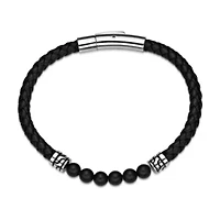 Black Agate Beaded & Black Leather Bracelet Stainless Steel 8.5"