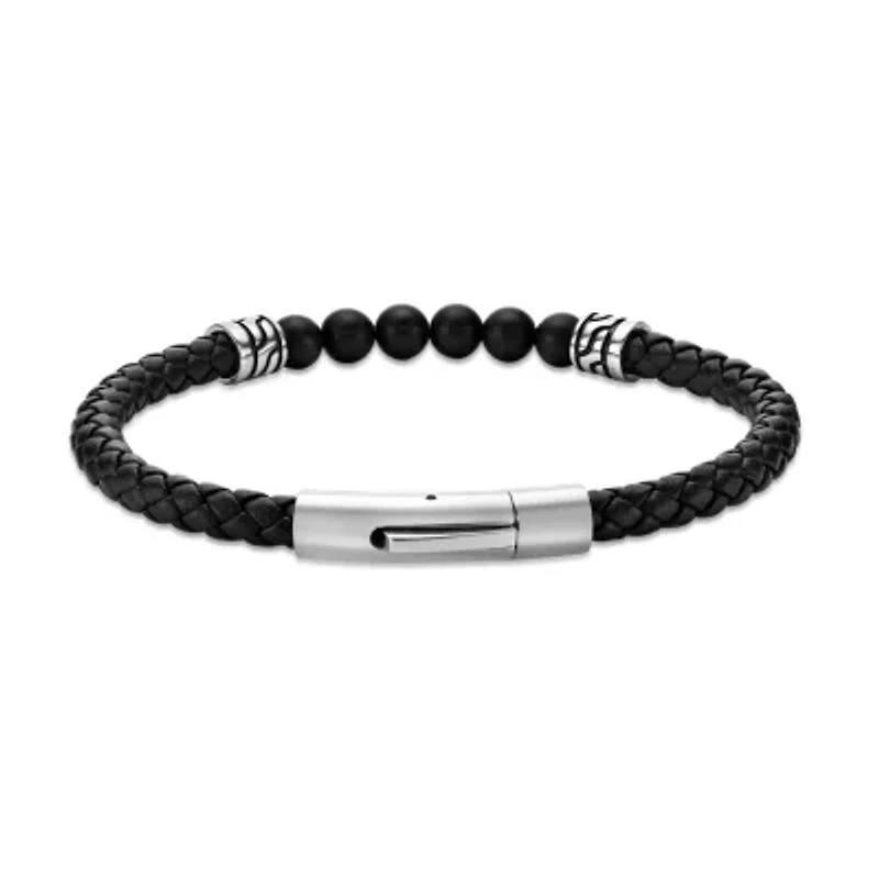 Black Agate Beaded & Black Leather Bracelet Stainless Steel 8.5"