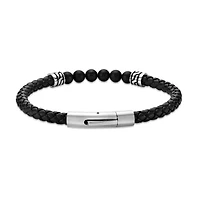 Black Agate Beaded & Black Leather Bracelet Stainless Steel 8.5"