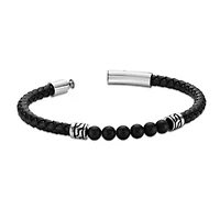 Black Agate Beaded & Black Leather Bracelet Stainless Steel 8.5"