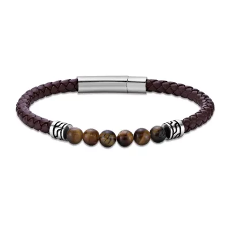 Tiger Eye Beaded & Black Leather Bracelet Stainless Steel 8.5"