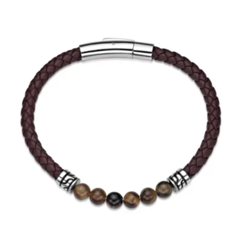 Tiger Eye Beaded & Black Leather Bracelet Stainless Steel 8.5"