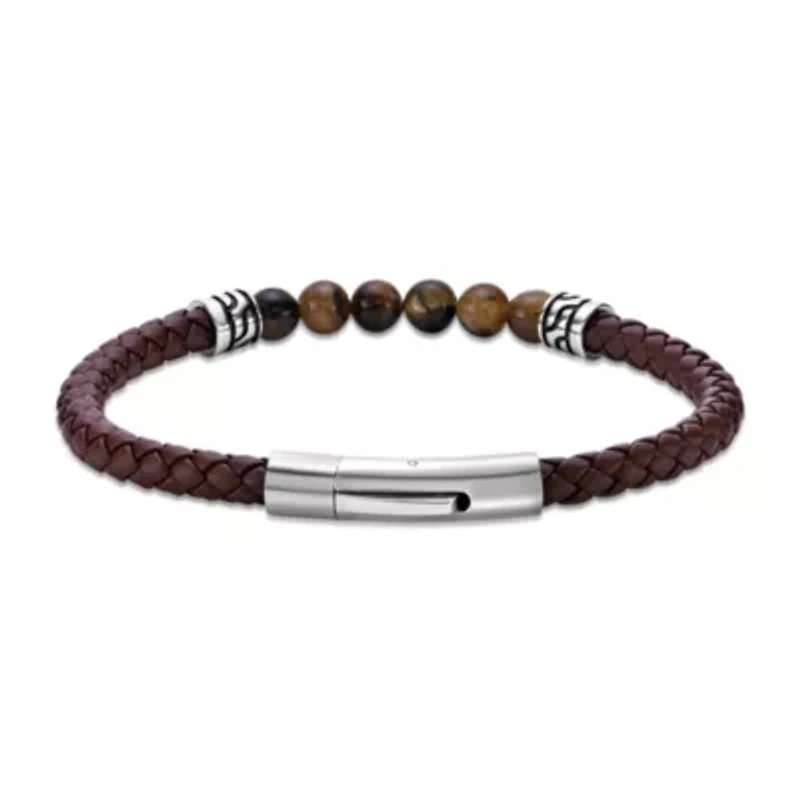 Tiger Eye Beaded & Black Leather Bracelet Stainless Steel 8.5"