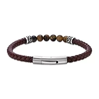 Tiger Eye Beaded & Black Leather Bracelet Stainless Steel 8.5"