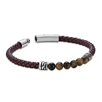 Tiger Eye Beaded & Black Leather Bracelet Stainless Steel 8.5"