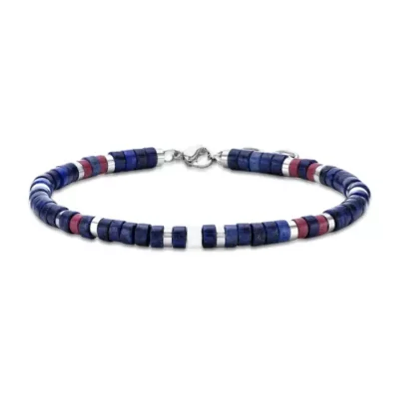 Lapis, Howlite, & Red Stone Stainless Steel Bracelet