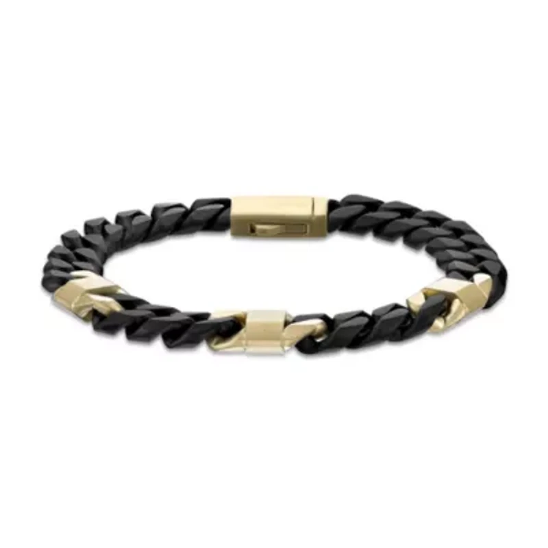 Matte Cuban Chain & Mariner Link Station Bracelet 8mm Black & Goldtone Ion-Plated Stainless Steel