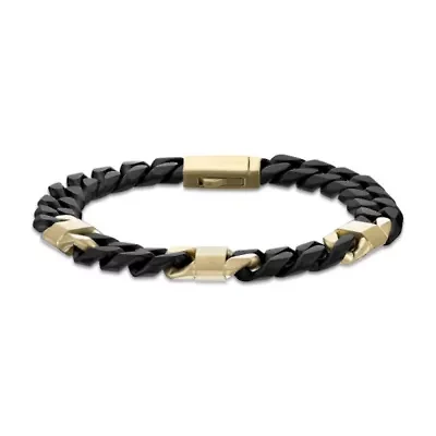 Matte Cuban Chain & Mariner Link Station Bracelet 8mm Black & Goldtone Ion-Plated Stainless Steel