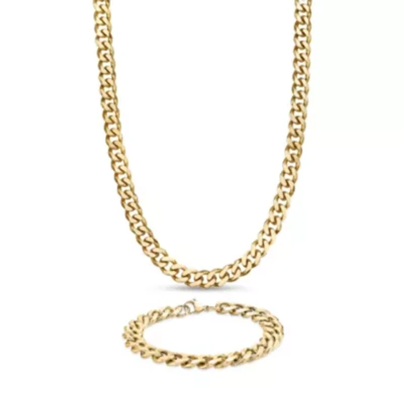 Yellow Ion-Plated Stainless Steel Curb Chain Necklace & Bracelet Set