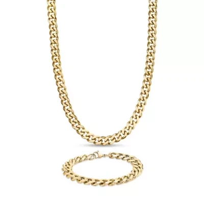 Yellow Ion-Plated Stainless Steel Curb Chain Necklace & Bracelet Set