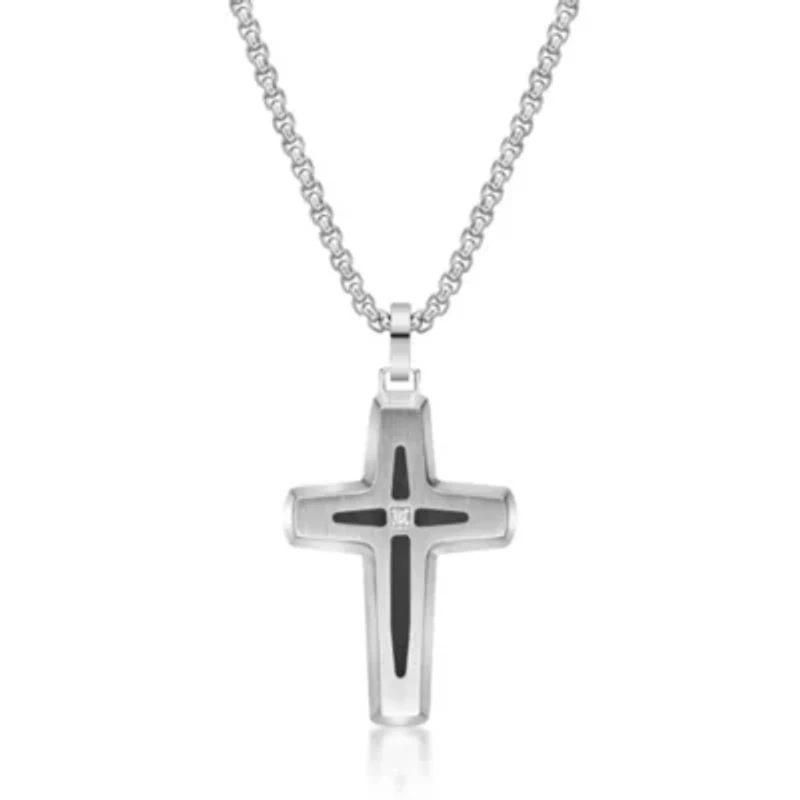 Stainless Steel Cross Pendant with Diamond Accent