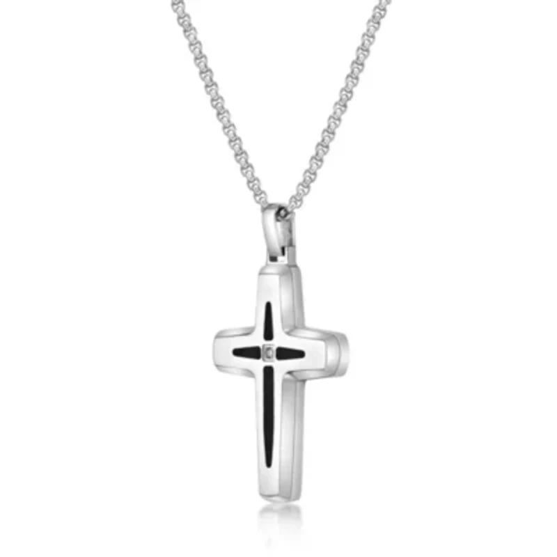 Stainless Steel Cross Pendant with Diamond Accent
