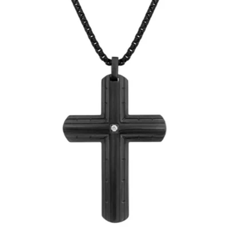 Stainless Steel Cross Pendant with Diamond Accent and Black Ion Plating