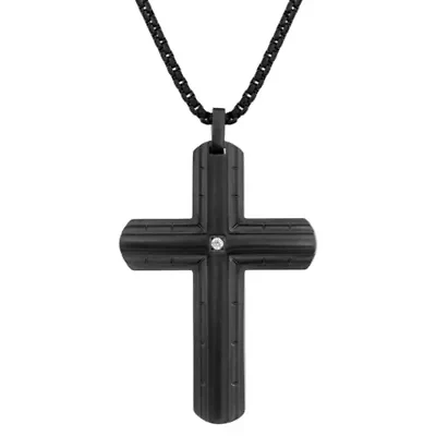 Stainless Steel Cross Pendant with Diamond Accent and Black Ion Plating