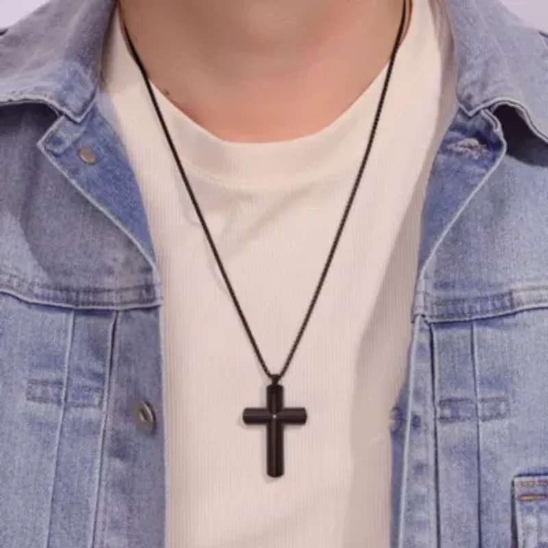 Stainless Steel Cross Pendant with Diamond Accent and Black Ion Plating
