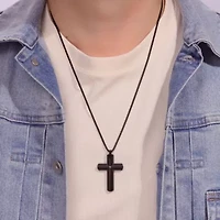 Stainless Steel Cross Pendant with Diamond Accent and Black Ion Plating