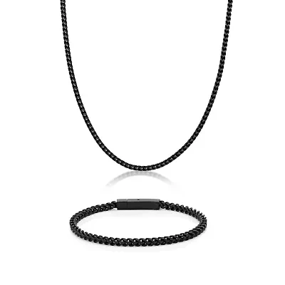 Black Ion-Plated Stainless Steel Foxtail Chain Necklace & Bracelet Set