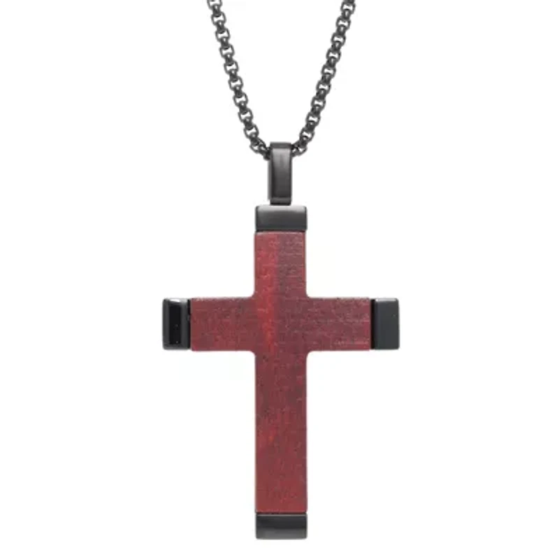 Stainless Steel Cross Pendant with Wood Inlay and Black Ion Plating