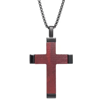 Stainless Steel Cross Pendant with Wood Inlay and Black Ion Plating