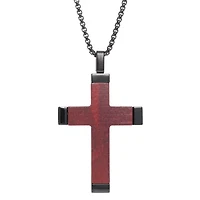 Stainless Steel Cross Pendant with Wood Inlay and Black Ion Plating