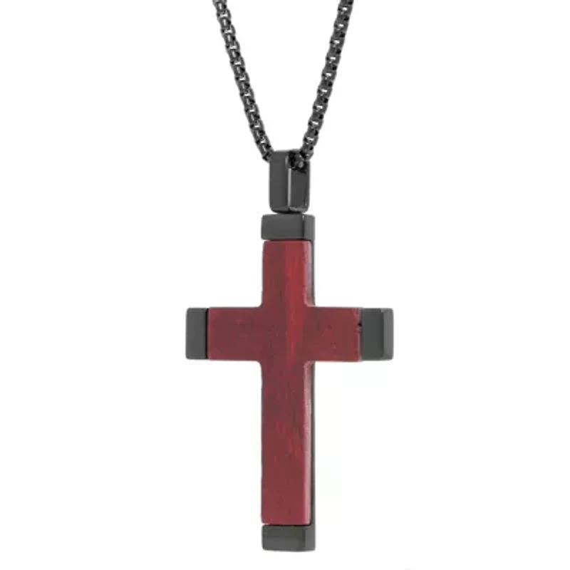 Stainless Steel Cross Pendant with Wood Inlay and Black Ion Plating