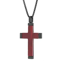 Stainless Steel Cross Pendant with Wood Inlay and Black Ion Plating
