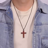 Stainless Steel Cross Pendant with Wood Inlay and Black Ion Plating