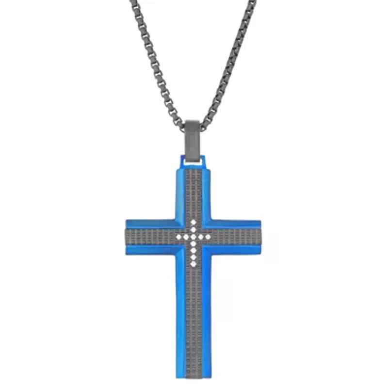 Blue and Black Ion Plated Stainless Steel Cross Pendant with Cubic Zirconia