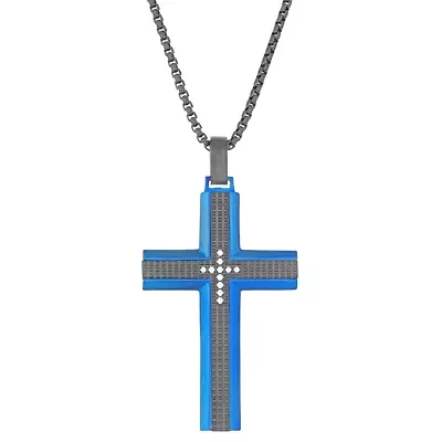 Blue and Black Ion Plated Stainless Steel Cross Pendant with Cubic Zirconia