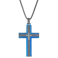 Blue and Black Ion Plated Stainless Steel Cross Pendant with Cubic Zirconia