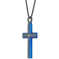 Blue and Black Ion Plated Stainless Steel Cross Pendant with Cubic Zirconia