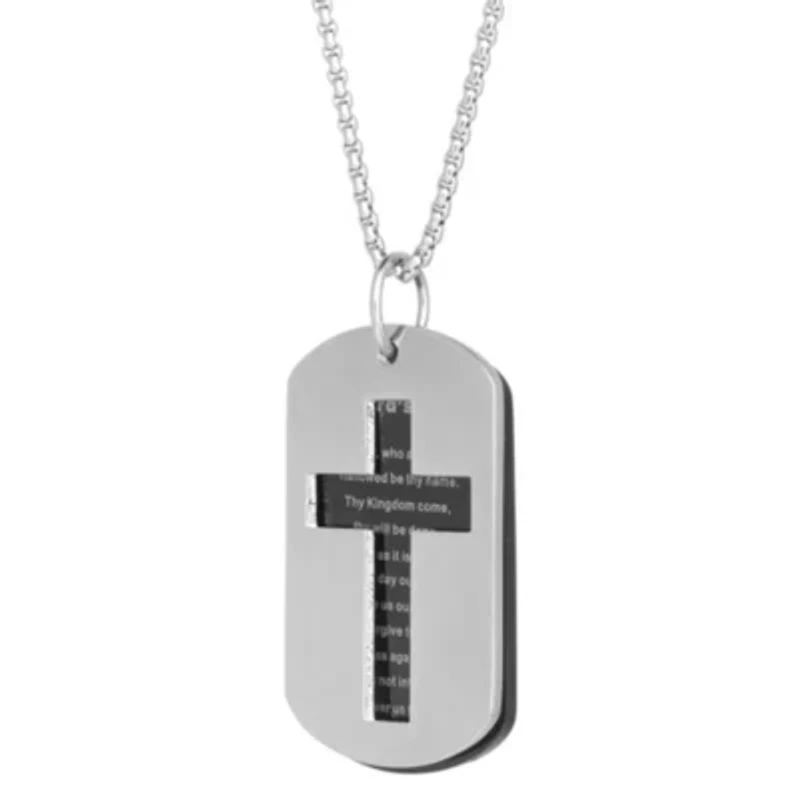 Stainless Steel Lord's Prayer Dog Tag Pendant with Black Ion Plating