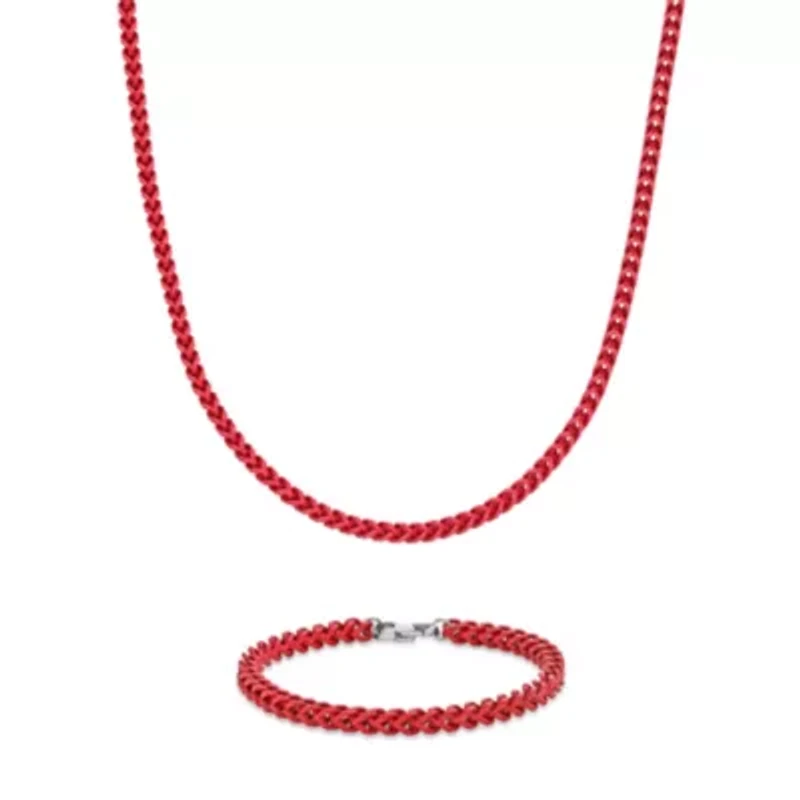 Red Acrylic Coated Stainless Steel Foxtail Chain Necklace & Bracelet Set