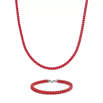 Red Acrylic Coated Stainless Steel Foxtail Chain Necklace & Bracelet Set