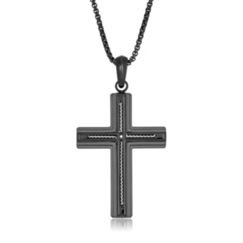 Stainless Steel Cross Pendant with Diamond Accent and Black Ion Plating