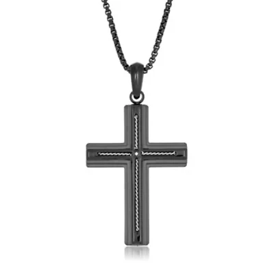 Stainless Steel Cross Pendant with Diamond Accent and Black Ion Plating