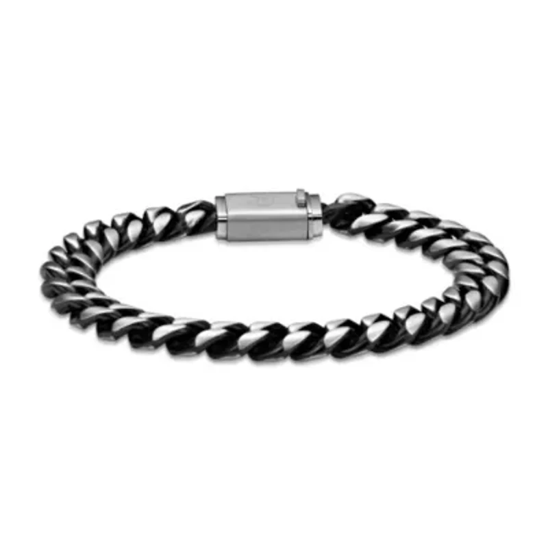 Black Ion Plated Stainless Steel Curb Bracelet with Fancy Push Lock