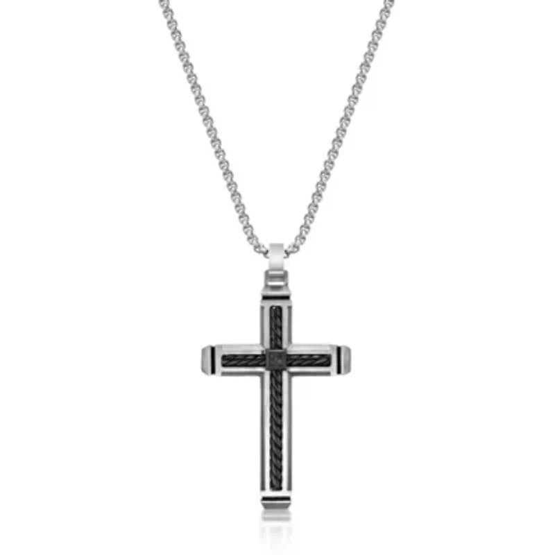 Stainless Steel Cross Pendant with Black Diamond Accent and Black Ion Plating