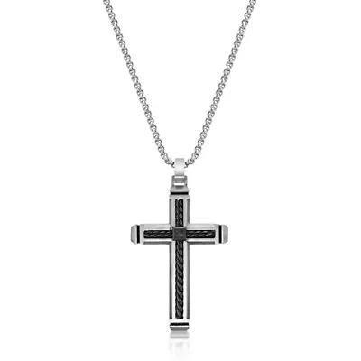 Stainless Steel Cross Pendant with Black Diamond Accent and Black Ion Plating