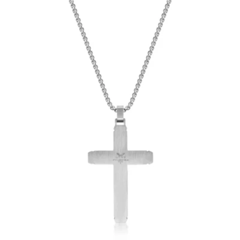 Stainless Steel Cross Pendant with Black Diamond Accent and Black Ion Plating